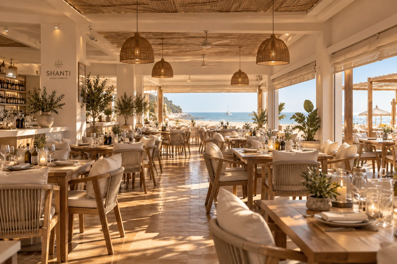 Propuesta visual del Restó Boutique SHANTI: salón cálido, mesas y lámparas de fibras naturales frente al mar.